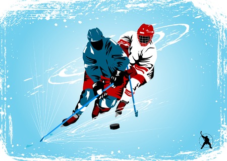 Hockey player makes a strong shot on goal rival; のイラスト素材
