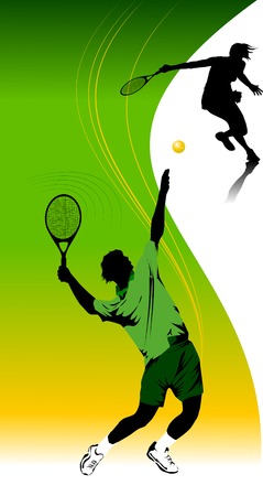 tennis player in green on a green background racket strikes the ball; のイラスト素材