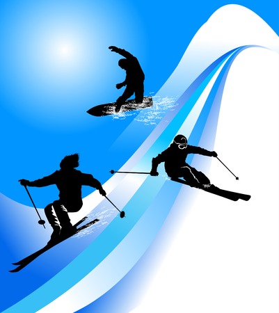 Group of skiers coming down the mountain road; のイラスト素材