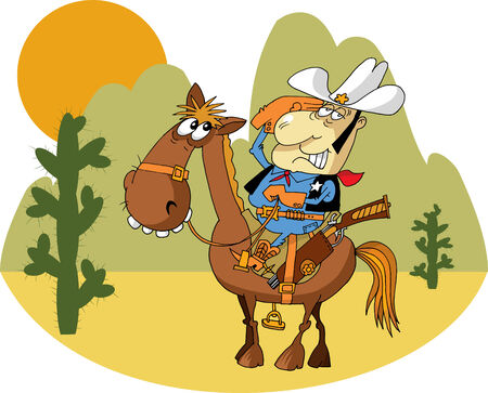 Western Sheriff On Horseback In Front Western Landscape; のイラスト素材