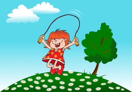 girl playing with a skipping rope on the background of the rising sun; のイラスト素材