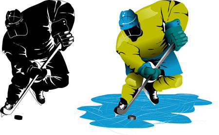 Hockey player makes a strong shot on goal rival; のイラスト素材