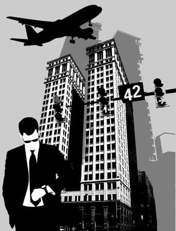 businessman looks at the clock on the background of a large building;のイラスト素材