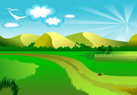 Vector illustration of an idyllic sunny nature background with a blue gradient stripes sky;のイラスト素材