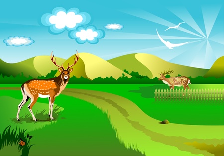 illustration of an idyllic sunny nature background with a blue gradient stripes sky, birds, green grass layers of grass and romantic sky, のイラスト素材