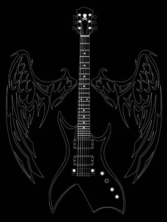 White silhouette of a guitar and wings on a black background;のイラスト素材