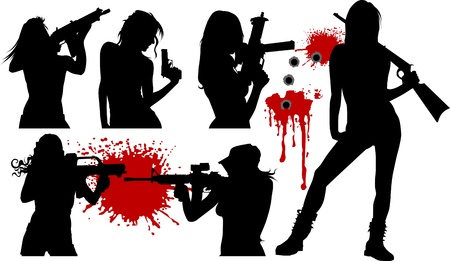 vector illustration of a beautiful woman holding a gun;のイラスト素材