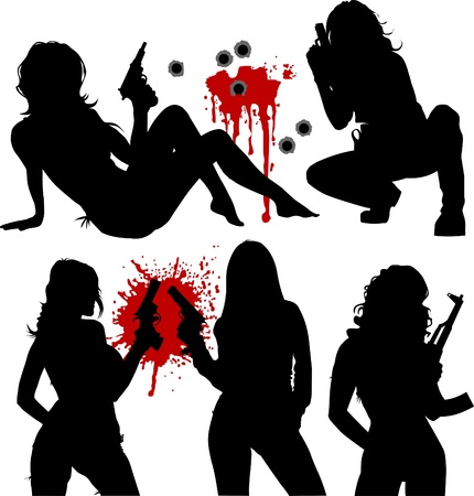 vector illustration of a beautiful woman holding a gun; のイラスト素材