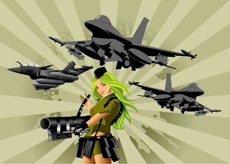 vector illustration of a beautiful woman holding a gun; のイラスト素材