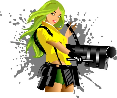 vector illustration of a beautiful woman holding a gun;のイラスト素材