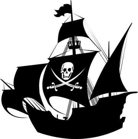 silhouette of a pirate ship with the image of a skeleton on the sail; のイラスト素材
