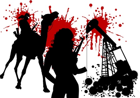 silhouettes of armed men against the background of petroleum rigs; のイラスト素材