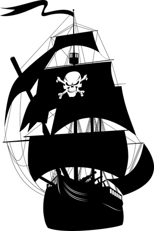 silhouette of a pirate ship with the image of a skeleton on the sail; のイラスト素材