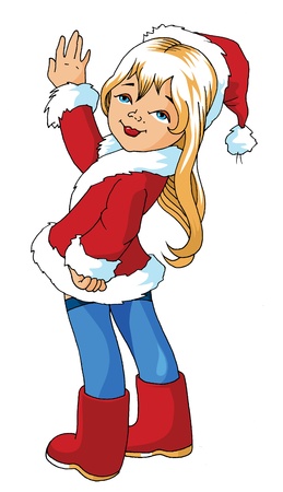 Girl in fancy dress and hat of Santa Claus waving; のイラスト素材