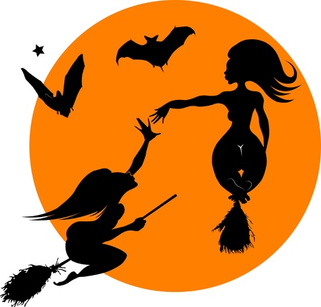beautiful young witch on a broomstick in the air; のイラスト素材