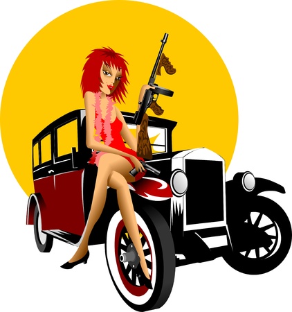 Girl with a gun Thompson and black retro car; のイラスト素材