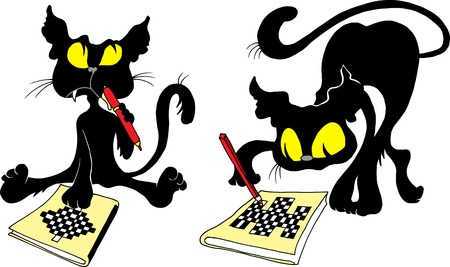 Black Cat solves difficult crosswords (vector illustration); のイラスト素材