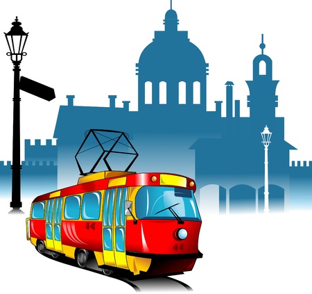 new tram rides through the old city quarter  vector illustration ; のイラスト素材