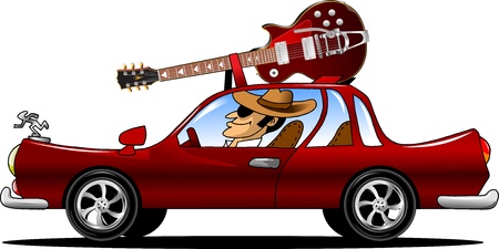 Musician rides in the car with his guitar on the roof  illustration ; のイラスト素材