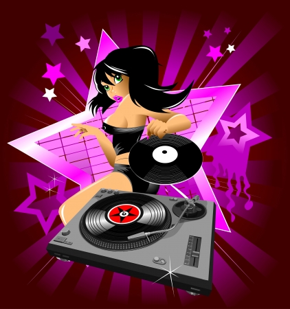 Vector party illustration about a beautiful sexy woman on a music and disco theme; のイラスト素材