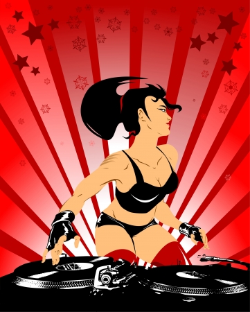 Vector party illustration about a beautiful sexy woman on a music and disco theme; のイラスト素材