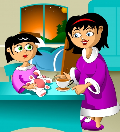 Mom has a little girl a cup of tea before bedtime; のイラスト素材
