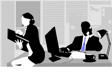 Office workers sitting at the table and working on computers; のイラスト素材