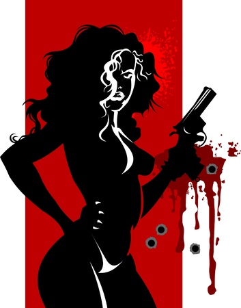 woman dressed in black with a gun in his hand  vector illustration ; のイラスト素材