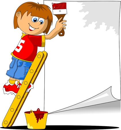 young decorator writes ad in red  vector illustration ; のイラスト素材