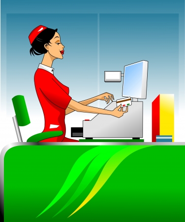 female cashier conduct credit card through a cash registerのイラスト素材