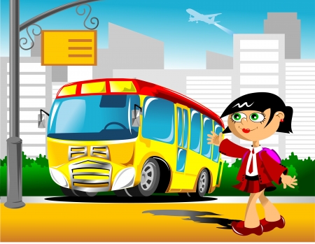 Schoolgirl comes to a school bus stop illustrationのイラスト素材