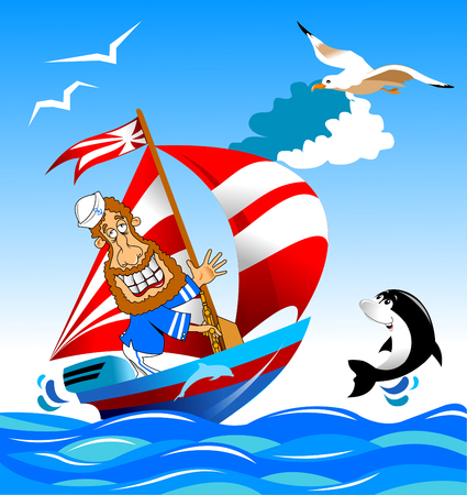jolly sailor in a blue jacket at the helm, vectorのイラスト素材