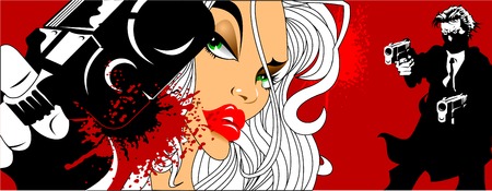 beautiful woman fnd man with big black gun, vectorのイラスト素材