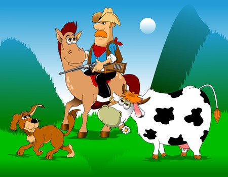 dog and a cowboy on a horse pasture white cowのイラスト素材