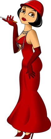 elegant woman in a red dress; red gloves and a red hat