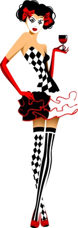 young actress dressed as Harlequin and a glass of red wine in handのイラスト素材