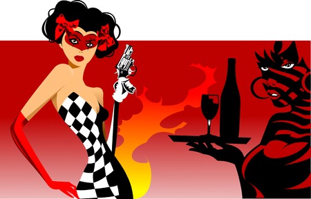 beautiful woman with big black gun, vectorのイラスト素材