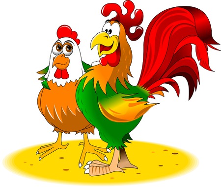 green and red rooster chicken walk togetherのイラスト素材