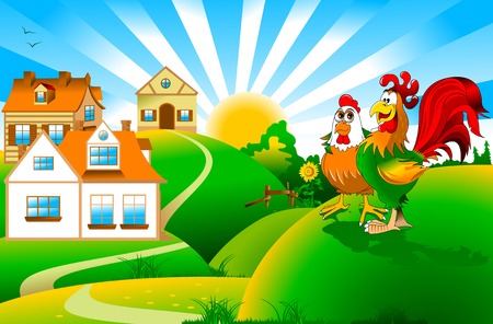 green and red rooster chicken walk togetherのイラスト素材