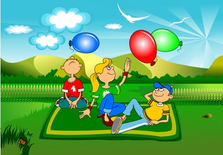group of children sitting on the carpet and playing with balloonsのイラスト素材