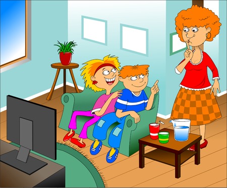 Illustration of a happy children watching TV on a blueのイラスト素材