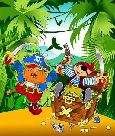 little boy dressed as pirate found gold, vector;のイラスト素材