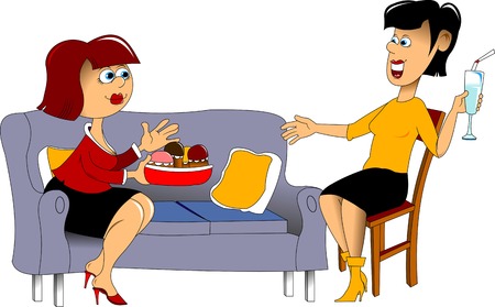 Two pretty girls eating pizza and chatting at a cafeのイラスト素材