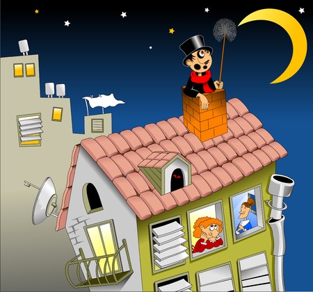 chimney sweep on the roof with a smile, looking at the moonのイラスト素材