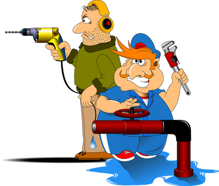 portrait of technical, electrician or mechanic holding electric drill isolated over white backgroundのイラスト素材