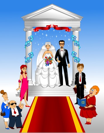 Wedding vintage invitation card template vector with bride and groomのイラスト素材