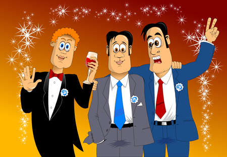 three friends in blue costumes at the holiday party, vectorのイラスト素材