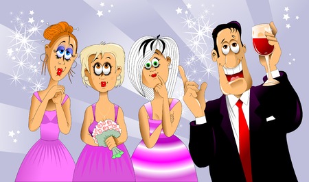 bridesmaids in a pink dress and groom in a black suitのイラスト素材