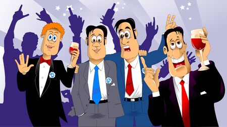 four friends in blue costumes at the holiday party, vectorのイラスト素材