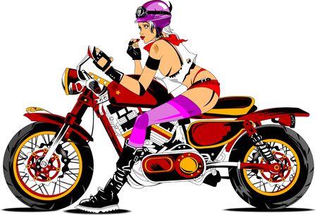 beautiful girl in a lilac hat on a red motorcycleのイラスト素材